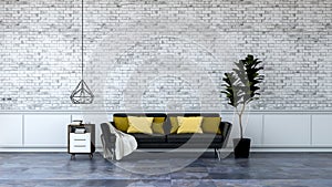 Modern loft interior design,black furniture on marble flooring and white brick wall /3d render