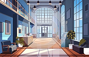 modern loft interior of office corridor with furniture empty no people business center hall horizontal