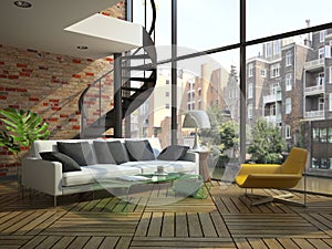 Modern loft interior with part of second floor