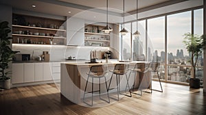 Modern loft kitchen with breakfast bar in an urban luxury apartment. Wooden floor, white fasades, wooden bar counter