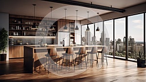 Modern loft kitchen with breakfast bar in an urban luxury apartment. Wooden floor, wooden bar counter with bar stools