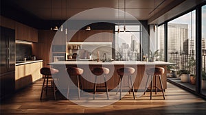 Modern loft kitchen with breakfast bar in an urban luxury apartment. Wooden floors, wooden facades, wooden bar counter