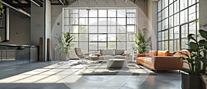 Modern loft living room bathed in natural light.