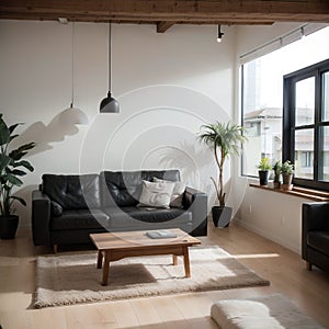 Modern loft living room with high ceiling black and grey walls wooden floor design furniture and tropical plant