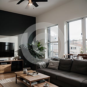 Modern loft living room with high ceiling black and grey walls wooden floor design furniture and tropical plant