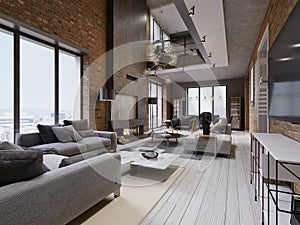 Modern loft living room with high ceiling, sofa, red brick wall, white parquet, upholstery sofa and furniture, design accessories