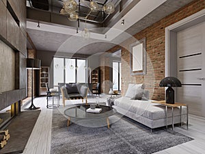 Modern loft living room with high ceiling, sofa, red brick wall, white parquet, upholstery sofa and furniture, design accessories
