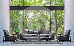 Modern loft living room with nature view 3d rendering image