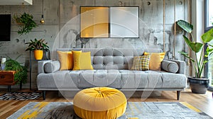 Modern Loft Living Room with Tufted Grey Sofa, Yellow Accents, and Concrete Wall