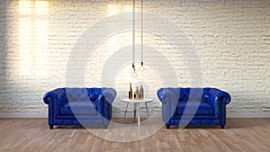 Modern loft living room with white brick wall ,3D render