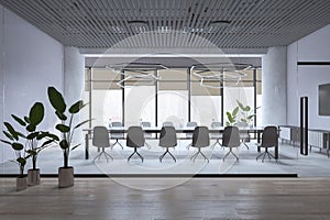 Modern loft meeting room interior with window and city view, furniture, equipment, various other objects and daylight. 3D