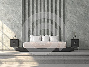 Modern loft style bedroom 3d render,There concrete tile floor,polished concrete wall