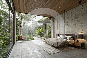 Modern loft-style bedroom with tropical garden view photo