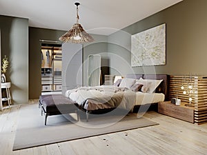 Modern loft style bedroom with a trendy bed and hanging chair