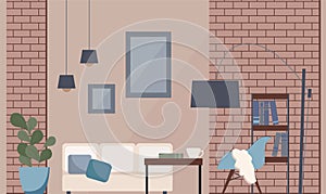 Modern loft style interior. Vector illustration of the living room: brick walls, white sofa, coffee table, armchair