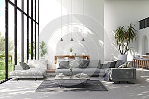 Modern loft style living and dining room with garden view 3d render
