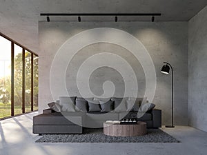 Modern loft style living room with empty concrete wall 3d render