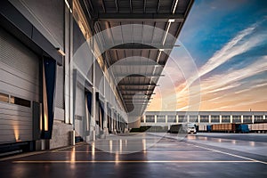 Modern logistics warehouse building structure. AI technology generated image