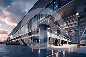 Modern logistics warehouse building structure. AI technology generated image