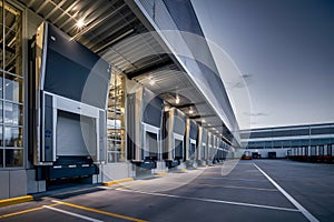 Modern logistics warehouse building structure. AI technology generated image