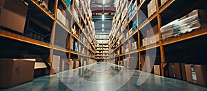 Modern logistics warehouse interior with rows of shelves stocked with boxes. efficient inventory storage system in