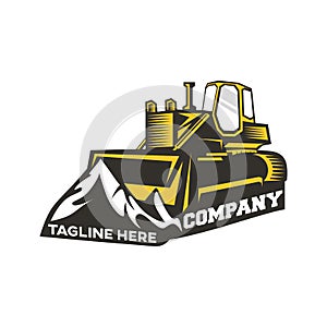 Modern logo bulldozer and mountains. Vector illustration photo