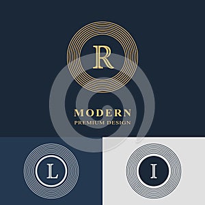 Modern logo design. Geometric linear monogram template. Letter emblem R, L, I. Mark of distinction. Universal business sign