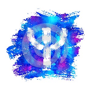 Modern logo of Psychology. Letter Psi. Creative style. Logotype on blue painted art watercolor brush backgrund. Design