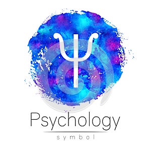 Modern logo of Psychology. Letter Psi. Creative style. Logotype on blue painted art watercolor brush circle backgrund