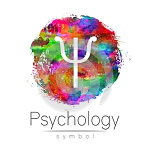 Modern logo of Psychology. Letter Psi. Creative style. Logotype on rainbow painted art watercolor brush circle backgrund