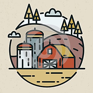 Modern logotype with countryside landscape and farm building with silos for grain storage drawn in linear style. Round