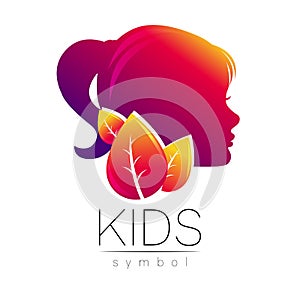 Modern logotype head in Violet Color with Green Leaves. Logo sign of Psychology. Profile Human. Creative style. Symbol
