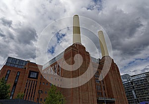 Modern London apartment buildings and Battersea Power Station