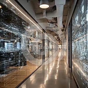 Modern office corridor with data visualization on glass walls