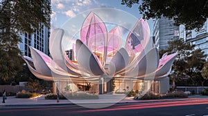 Modern lotus flower-inspired building with glowing petals at dusk photo