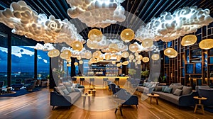 Modern Lounge Area with Cloud-Inspired Lighting Fixtures. Generative ai