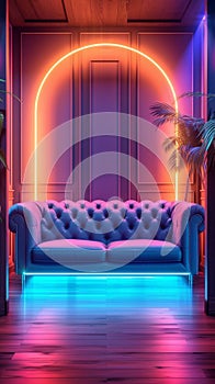 Modern lounge with dual leather couches lit by vibrant neons