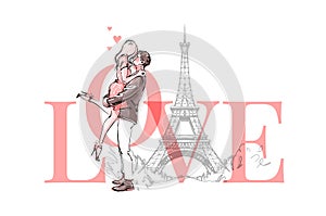 Modern love poster, beautiful couple in love kissing in Paris, the guy hugs and dances with the girl. Vector trendy