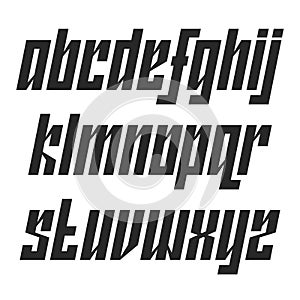Modern lowercase italic font with movement typography design element, narrow dynamic alphabet with a tilt angle, black bold set