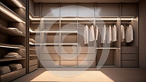 Modern luxry glossy white walk in closet, minimal walk in wardrobe dressing room interior design. generative ai