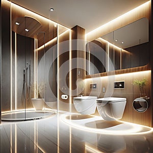 This is a modern and luxurious bathroom with elegant fixtures, natural light and wood accents. The image shows two white