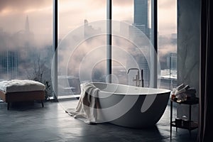 Modern, luxurious bathroom in a penthouse, with a beautiful view of the city\'s skyscrapers shrouded in fog behind the windows