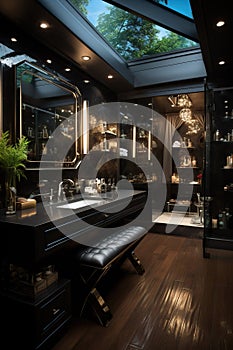 A modern luxurious bathroom with rich dark tones, opulence and contemporary design. Generative AI