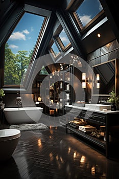 A modern luxurious bathroom with rich dark tones, opulence and contemporary design. Generative AI