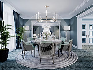 Modern luxurious dining room in blue, white and black color with a large round served table and chairs