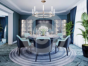 Modern luxurious dining room in blue, white and black color with a large round served table and chairs