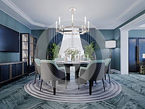 Modern luxurious dining room in blue, white and black color with a large round served table and chairs