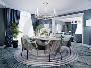 Modern luxurious dining room in blue, white and black color with a large round served table and chairs