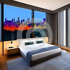 Modern and luxurious hotel bedroom with views of London skyline. Condo or 5 star upscale accommodation.