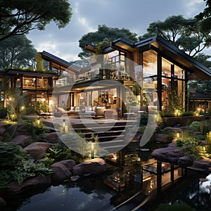 modern, luxurious house with lush vegetation